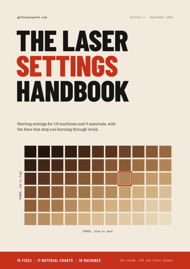 Cover of The Laser Settings Handbook: a grid of burned test squares, power low to high against speed slow to fast