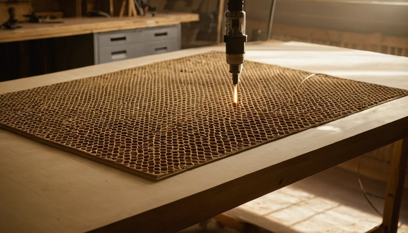 A laser cutting a sheet of plywood on a honeycomb bed